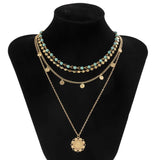 Boho Turquoise Beaded Necklace Set Flower Pendant Chain Summer Jewelry