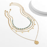 Boho Turquoise Beaded Necklace Set Flower Pendant Chain Summer Jewelry