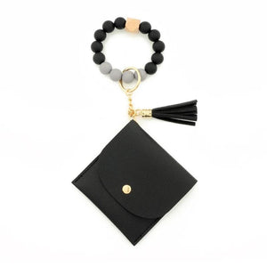 Silicone Bead Bracelet Keychain PU Leather Card Bag Women's Wallet