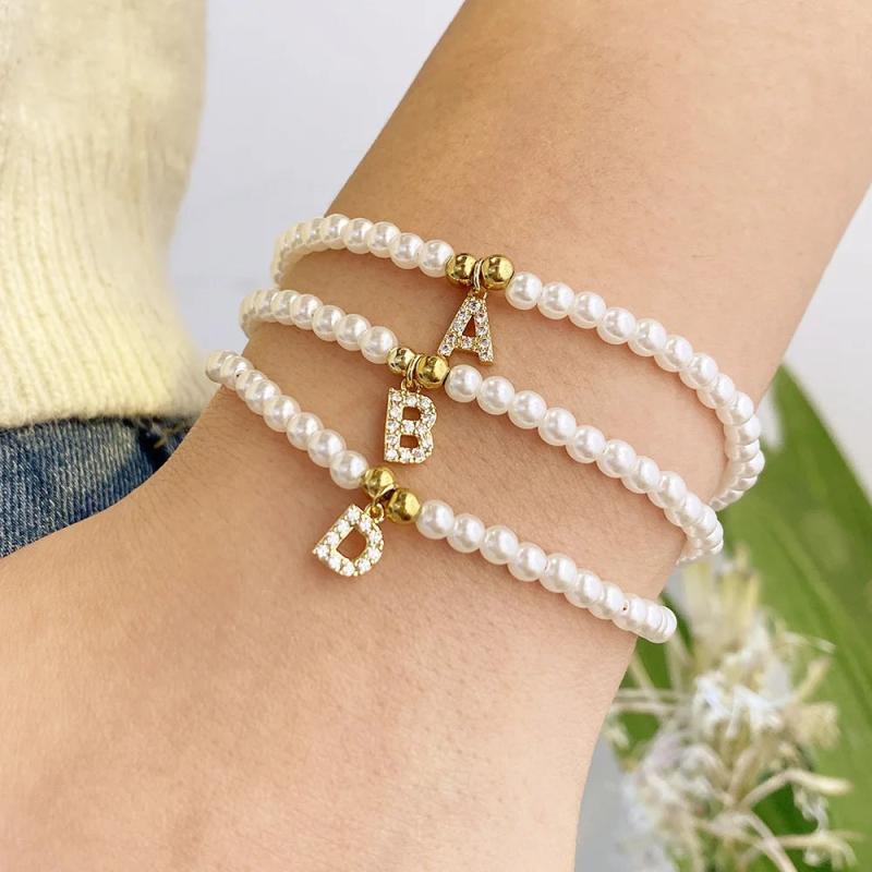 A-Z Alphabet Pearls Bead Letter Initial Name Bracelet with CZ Stone