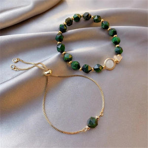 2pcs/Set Green Gem Stone Bracelet Light Niche Beaded Bracelet