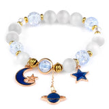 Crystal Cats Eyes Stone Beads Bracelet with Planet Pendant Bangle for Women