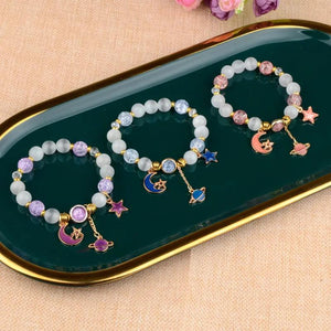 Crystal Cats Eyes Stone Beads Bracelet with Planet Pendant Bangle for Women