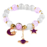 Crystal Cats Eyes Stone Beads Bracelet with Planet Pendant Bangle for Women