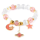 Crystal Cats Eyes Stone Beads Bracelet with Planet Pendant Bangle for Women
