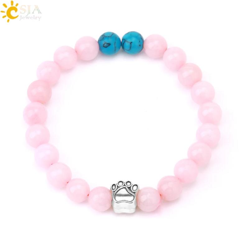 CSJA 8mm Stone Bead Bracelet with Animal Paw Charm