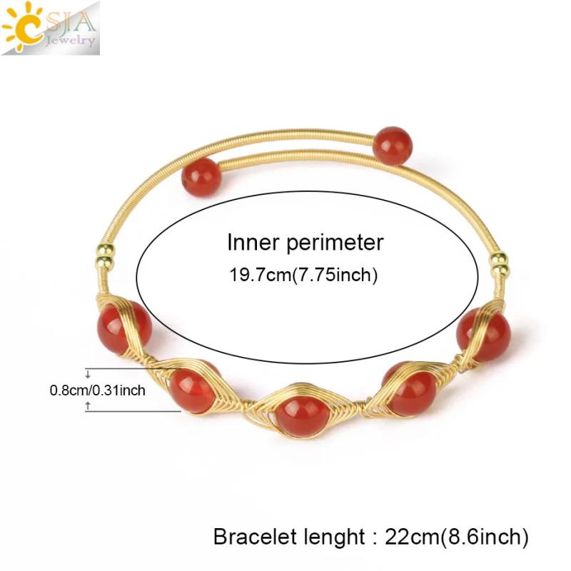 CSJA Natural Stone Round Beads Bracelet Malachite Amethysts Cuff Bangle