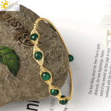 CSJA Natural Stone Round Beads Bracelet Malachite Amethysts Cuff Bangle