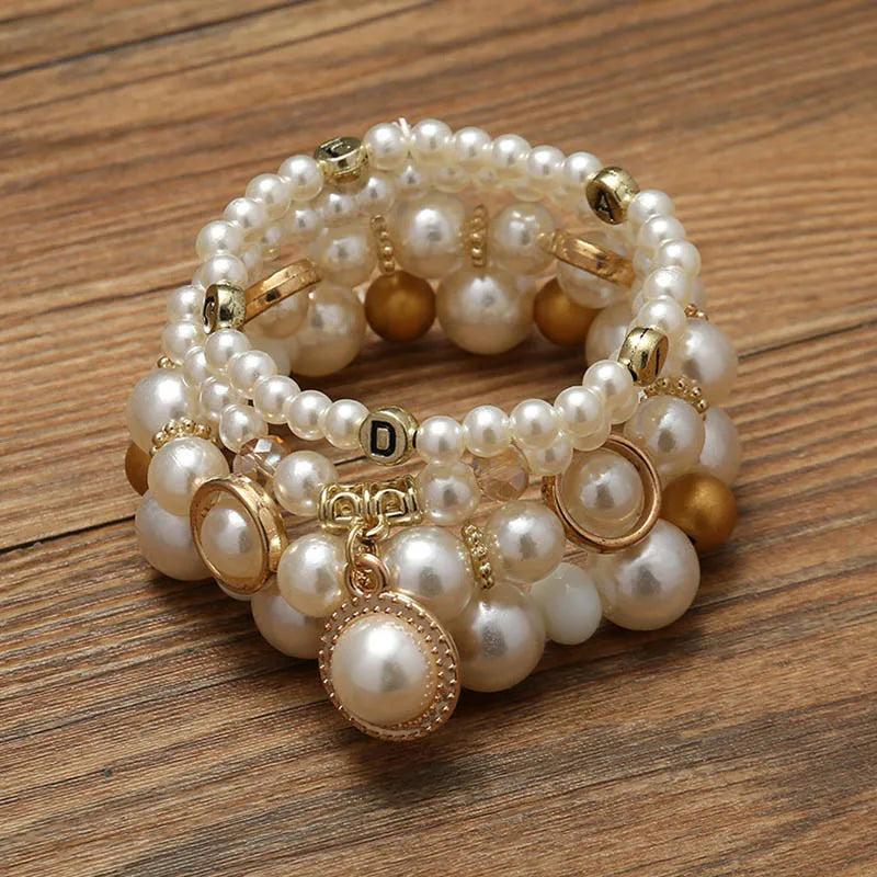Vintage Pearl Stretch Bead Bracelets Set for Women