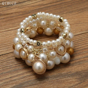Vintage Pearl Stretch Bead Bracelets Set for Women