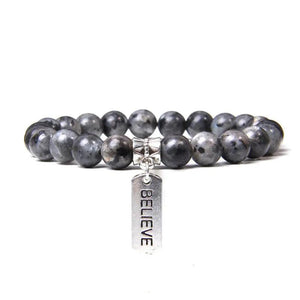 Botswana Agat Bracelet Men Silver Letter Charm 8mm Stone Beads Bangle