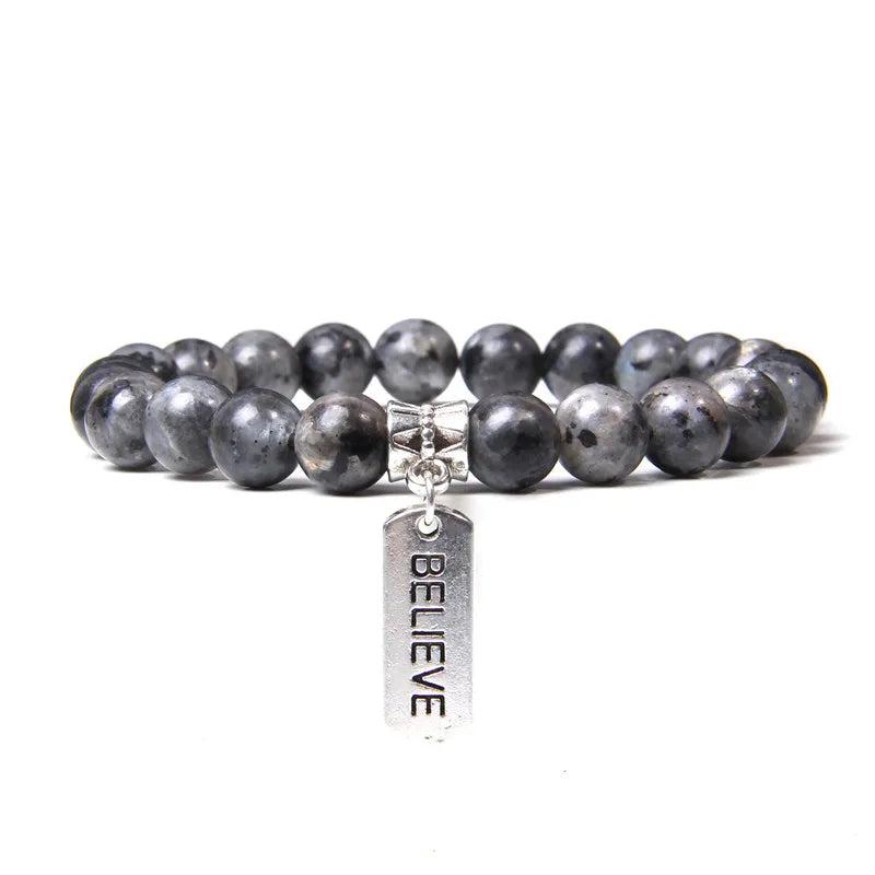 Botswana Agat Bracelet Men Silver Letter Charm 8mm Stone Beads Bangle