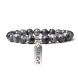 Botswana Agat Bracelet Men Silver Letter Charm 8mm Stone Beads Bangle