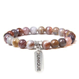 Botswana Agat Bracelet Men Silver Letter Charm 8mm Stone Beads Bangle