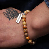 Botswana Agat Bracelet Men Silver Letter Charm 8mm Stone Beads Bangle