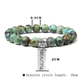 Botswana Agat Bracelet Men Silver Letter Charm 8mm Stone Beads Bangle