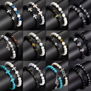MeMolissa 2pcs Cross Bracelets Natural Stone Beaded Couple Gift