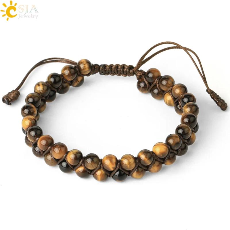 CSJA Natural Stone Double Layers Bracelet Healing Quartz Crystal Beaded Bangle