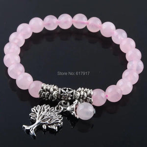 Natural Rose Quartz 8mm Beads Bracelet with Tree Of Life Charm