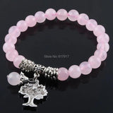 Natural Rose Quartz 8mm Beads Bracelet with Tree Of Life Charm