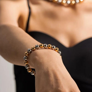 Copper Leather Bead Elastic 8mm Round Bracelet for Women