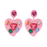 Hot Pink Rhinestone Heart Dangle Earrings Y2K 90S Chunky Jewelry