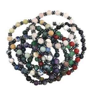 6MM Gemstone Beaded Bracelet with Hematite Disc Beads