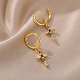 Rainbow Zircon Cross Dangle Earring Crystal Pendant Drop Earring