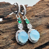 Round Moonstone Dangle Earring Silver Zircon Drop Green Stone Earrings