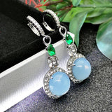 Round Moonstone Dangle Earring Silver Zircon Drop Green Stone Earrings