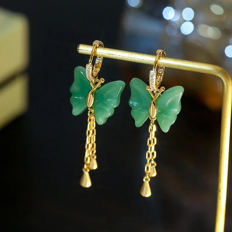 Green Circle Earrings Butterfly Tassel Drop Earrings