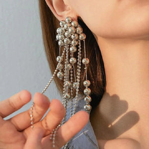 Silver Metal Ball Bead Tassel Earrings for Women