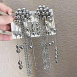 Silver Metal Ball Bead Tassel Earrings for Women