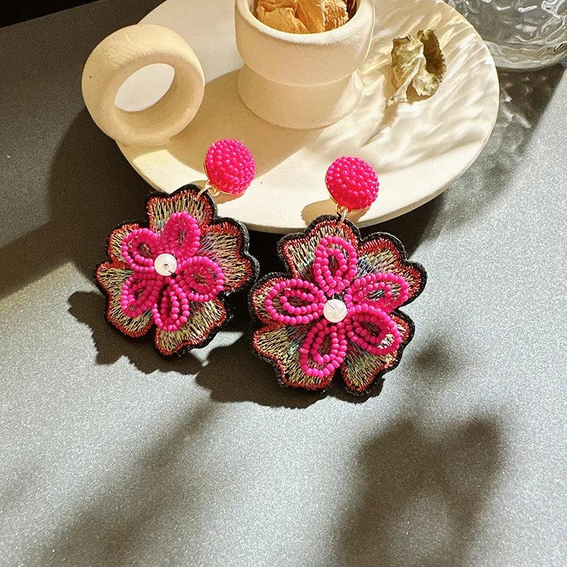 Rice Bead Flower Fabric Earrings for Women