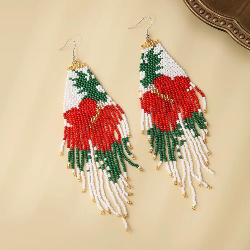 Bohemia Rice Bead Tassel Earrings Handwoven Flower Pattern
