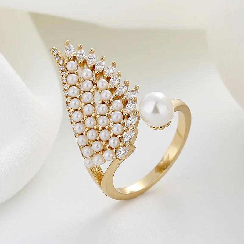 Pearl Zircon Wing Rings For Women Feather Opening Ring Christmas Punk Jewelry