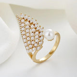 Pearl Zircon Wing Rings For Women Feather Opening Ring Christmas Punk Jewelry