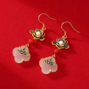 Chinese Enamel Lotus Wada Long Earrings Vintage Nation Jewelry