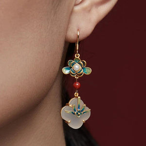 Chinese Enamel Lotus Wada Long Earrings Vintage Nation Jewelry