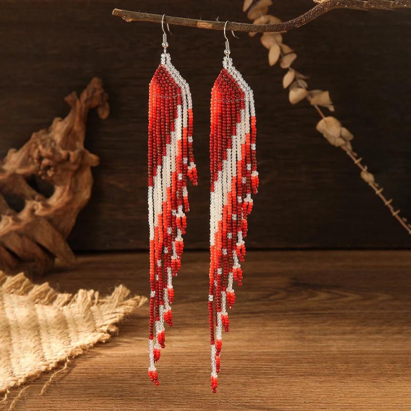 Boho Beaded Earrings Retro Hand-Knit Trapezium Design
