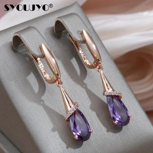 Water Drop Amethyst Dangle Earrings Rose Piercing Wedding Jewelry