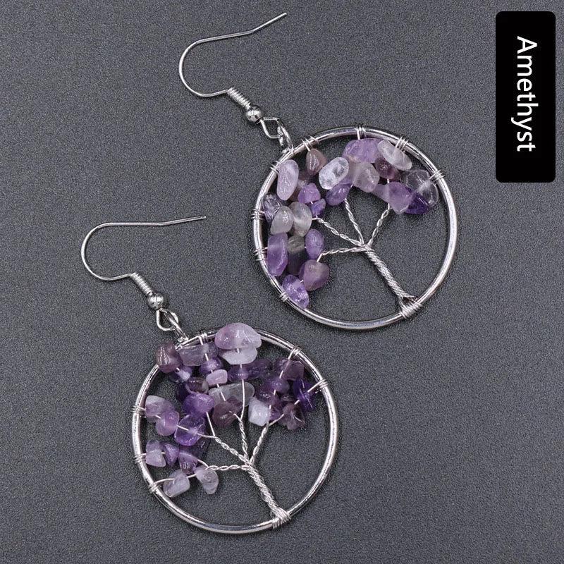 Chakra Tumbled Chip Stone Tree of Life Dangle Earrings