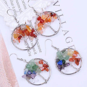 Chakra Tumbled Chip Stone Tree of Life Dangle Earrings
