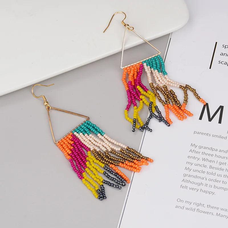 Bohemia Rice Bead Earrings Tassel Leopard Print