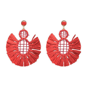 Boho Raffia Drop Earrings Bohemia Style Tassel Bead Hoop Dangle Earrings