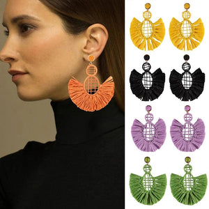 Boho Raffia Drop Earrings Bohemia Style Tassel Bead Hoop Dangle Earrings