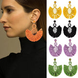 Boho Raffia Drop Earrings Bohemia Style Tassel Bead Hoop Dangle Earrings