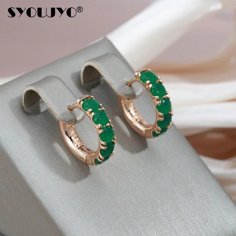 Opal Dark Green Stone Hoop Earrings 585 Rose Wedding Jewelry Vintage Earrings
