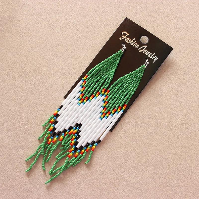 Hand-knitted Rainbow Bead Earrings Long Tube Tassel Earrings