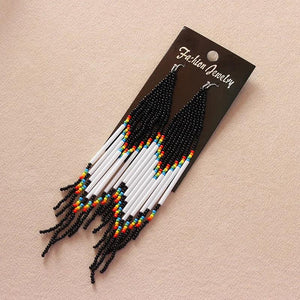 Hand-knitted Rainbow Bead Earrings Long Tube Tassel Earrings